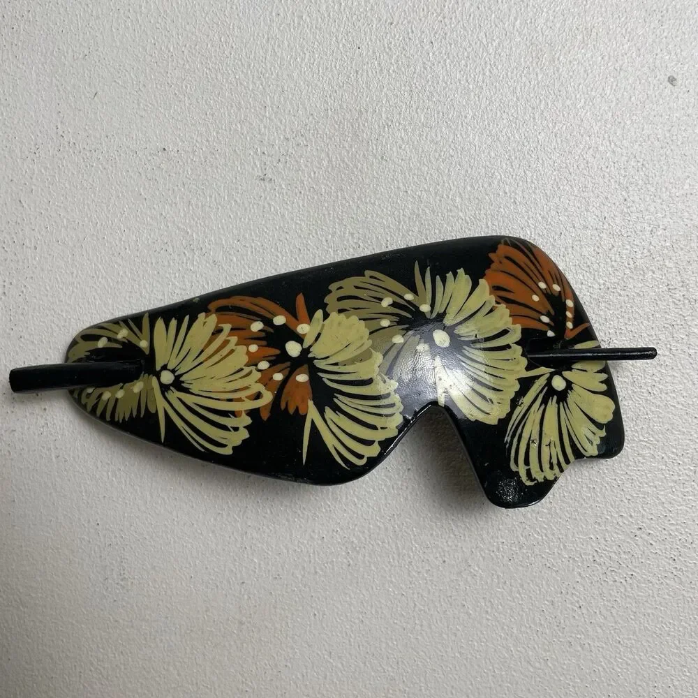vintage wood hair stick pin Black Floral